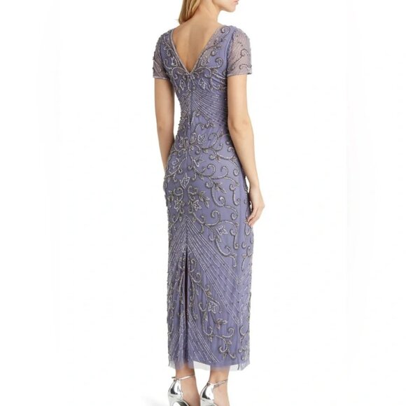NEW Women's PISARRO NIGHTS Beaded Mesh Midi Cocktail Dress/Gown Violet | Size 8 - Picture 2 of 15